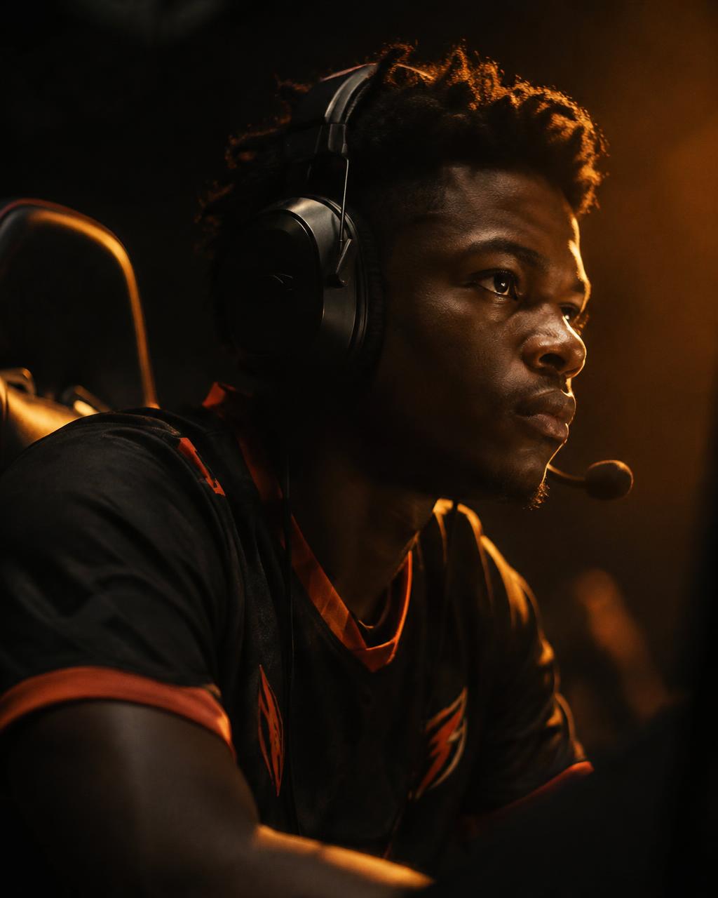 Joueur esport concentré, casque sur les oreilles, avant un match